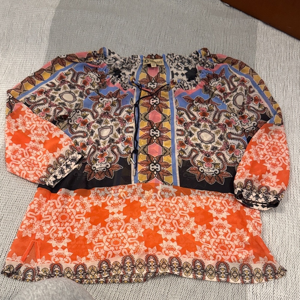 Democracy Boho Peasant Top | Multi-Color Floral Patchwork Print | Size XS